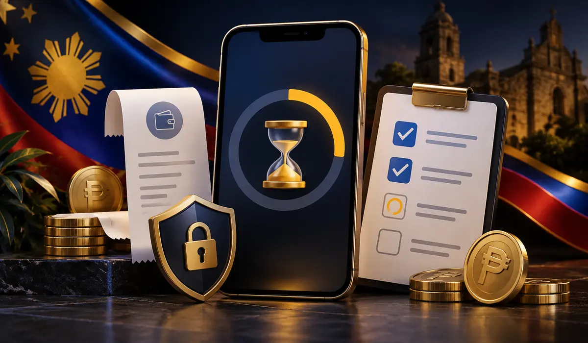 Pending casino withdrawal status with hourglass, checklist and secure transaction record