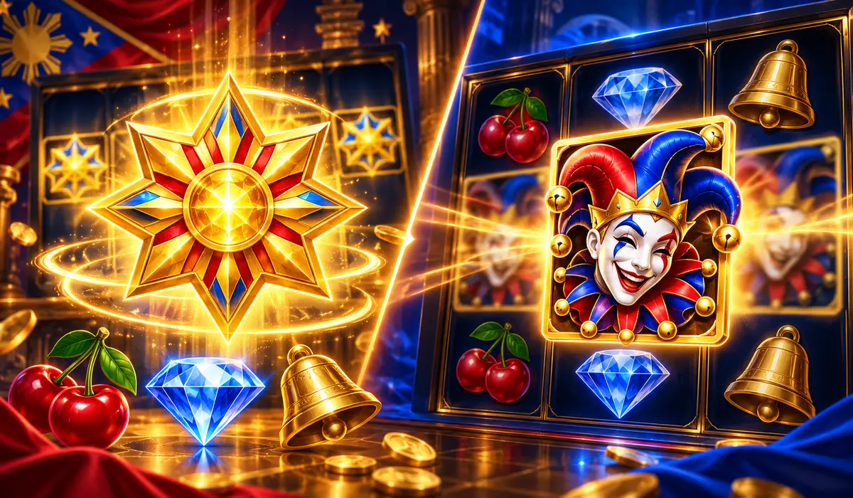 Slot reels comparing a glowing scatter symbol and a wild joker symbol