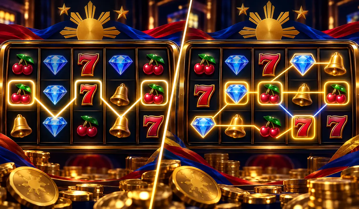 Slot reels comparing one fixed payline with multiple ways-to-win symbol routes