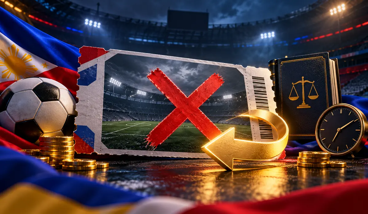Cancelled football match ticket with a red X and refund arrow